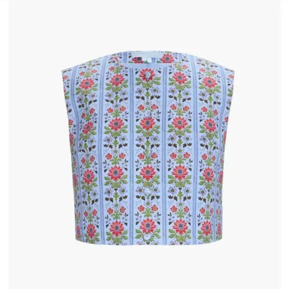 Hill House Home The Rosalie Top - Blue Floral Block Stripe XS NWT